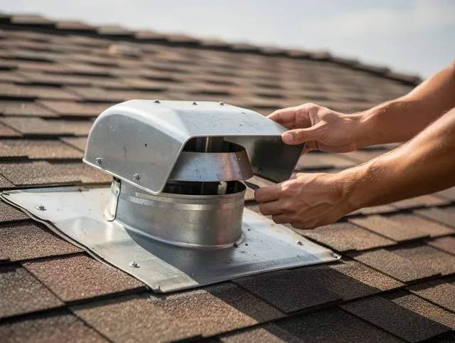 Redlands Dryer Vent Cleaning certified technician safely cleaning a roof-mounted dryer vent in Redlands