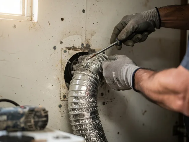 Redlands Dryer Vent Cleaning technician performing precise dryer vent hose installation in Redlands